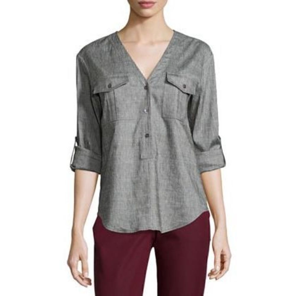 Theory Trisalta Sharkskin Button Top Grey
